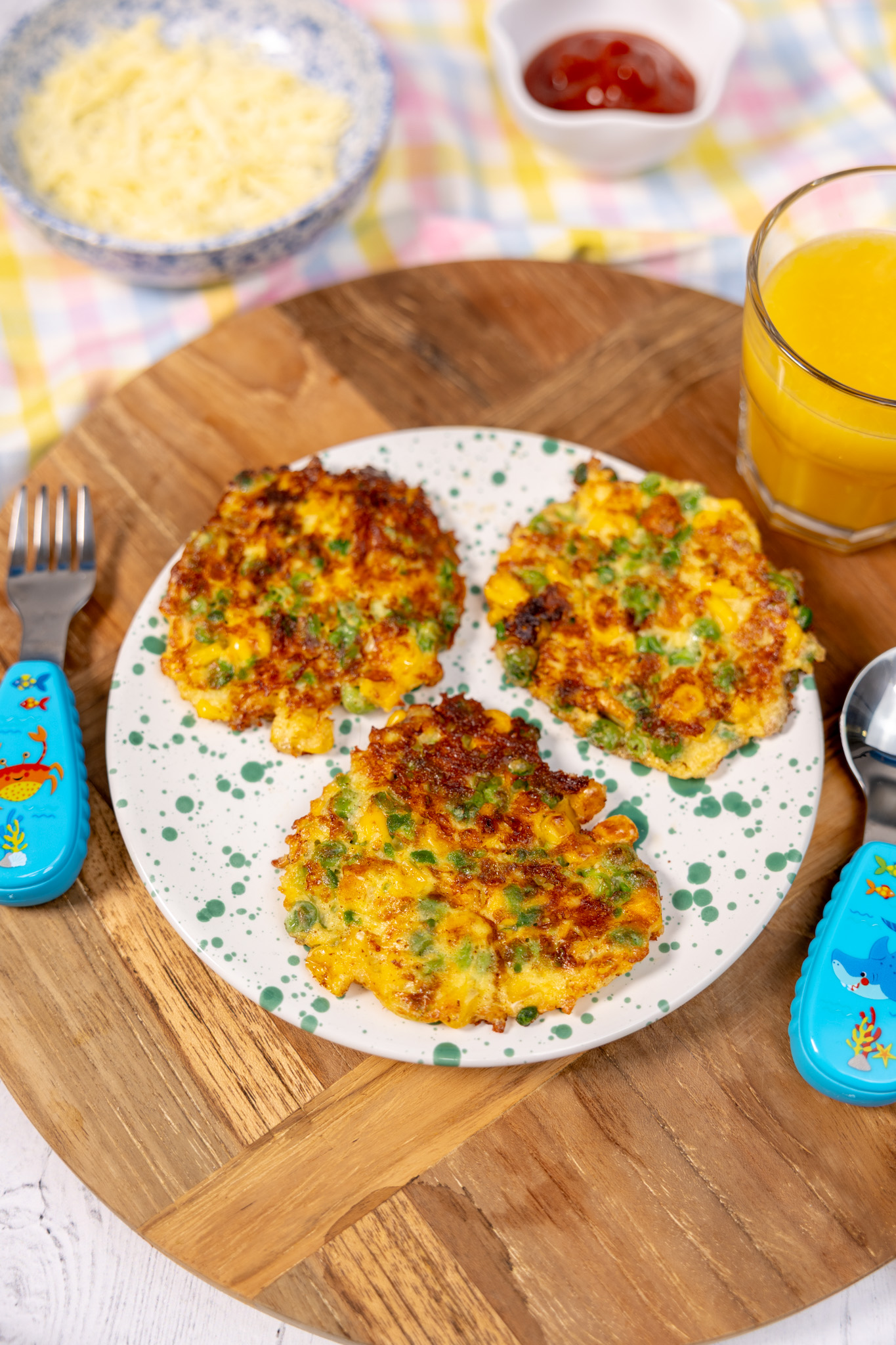 Sweetcorn and Green Pea Fritters with Chive Yogurt