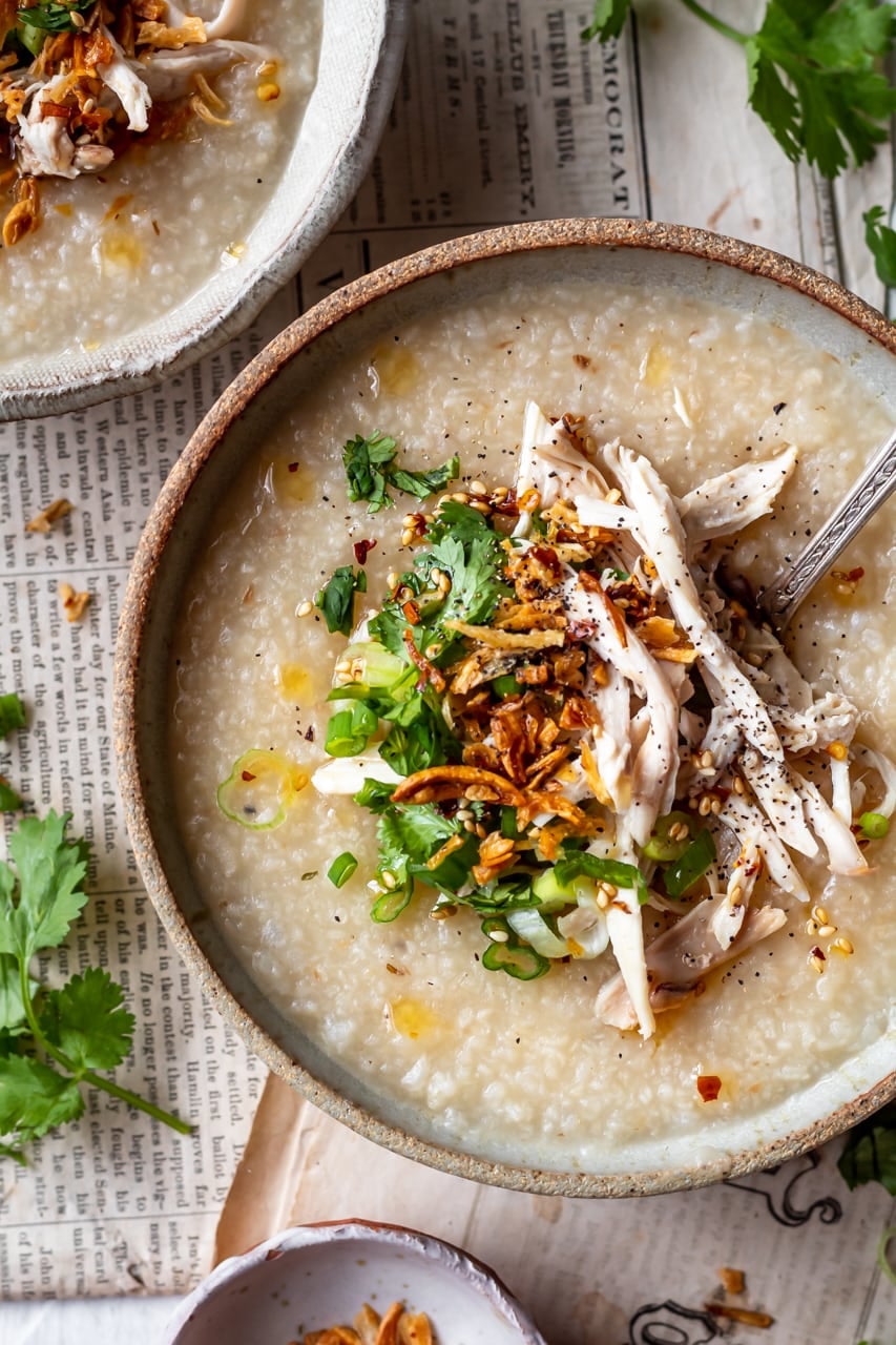 Congee with Chicken Broth and Scallions