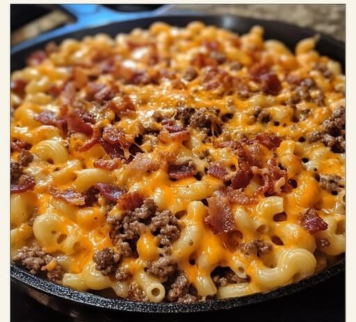 Bacon Cheeseburger Macaroni with Melted Cheddar