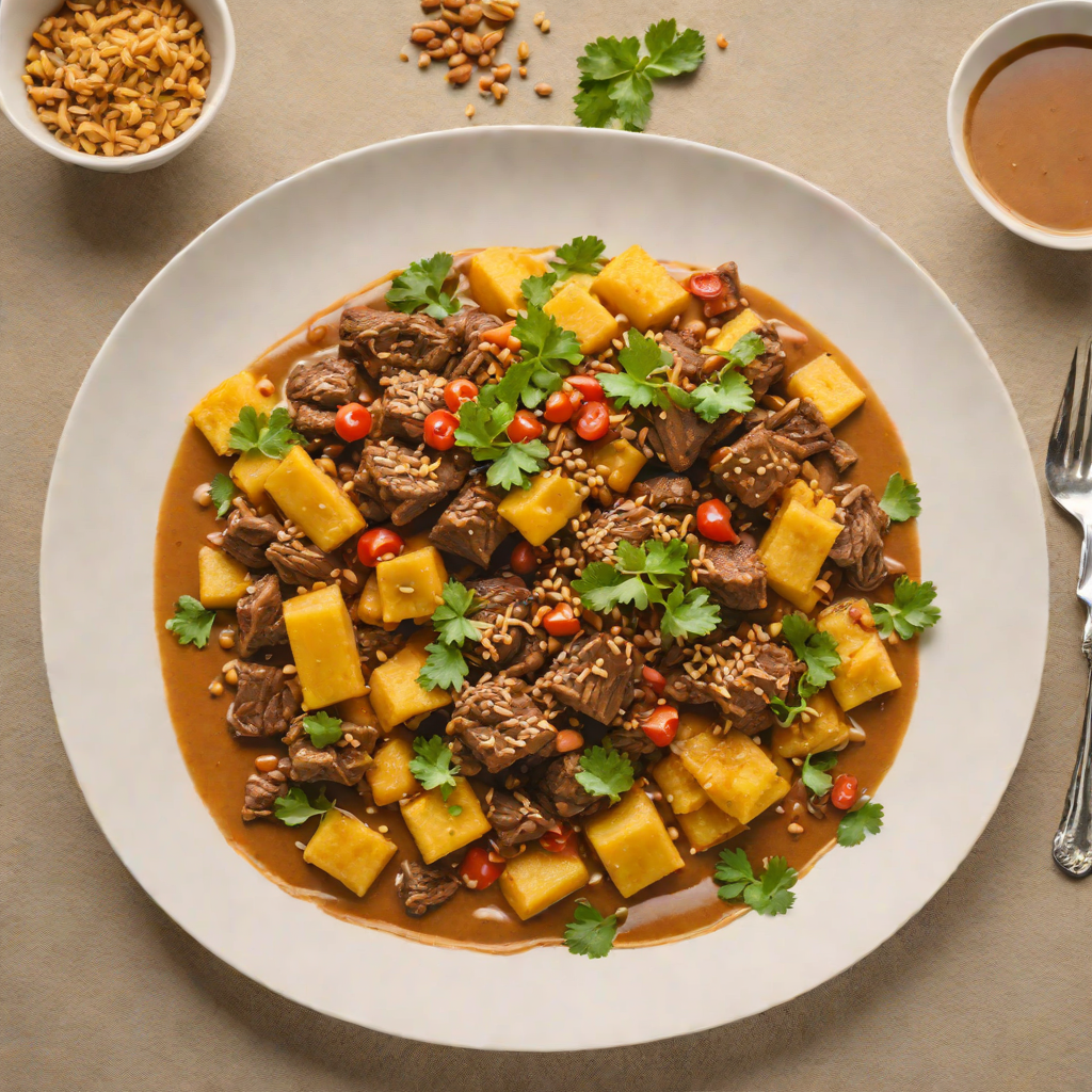 Fried Plantain and Groundnut Sauce with Braised Beef