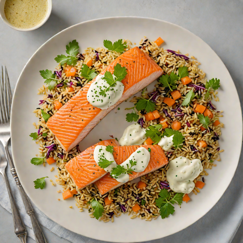 Pan-Seared Salmon with Herb Yogurt Sauce and Quinoa Pilaf