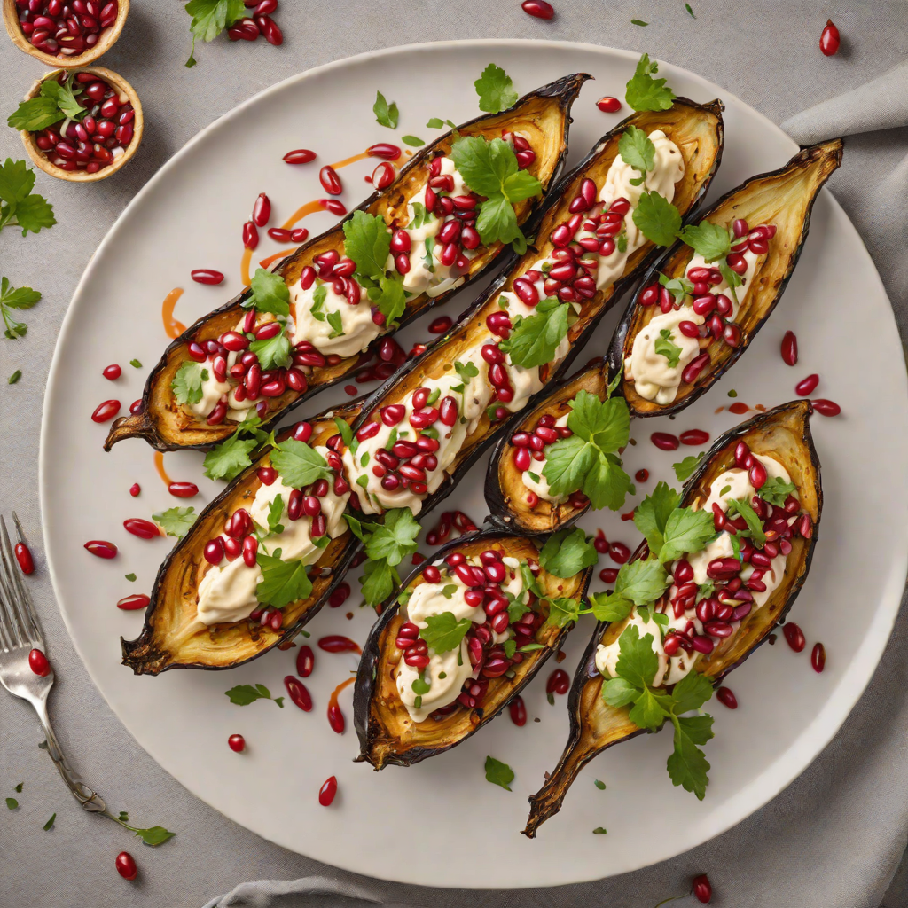 Half-Roasted Eggplant with Tahini Drizzle and Pomegranate