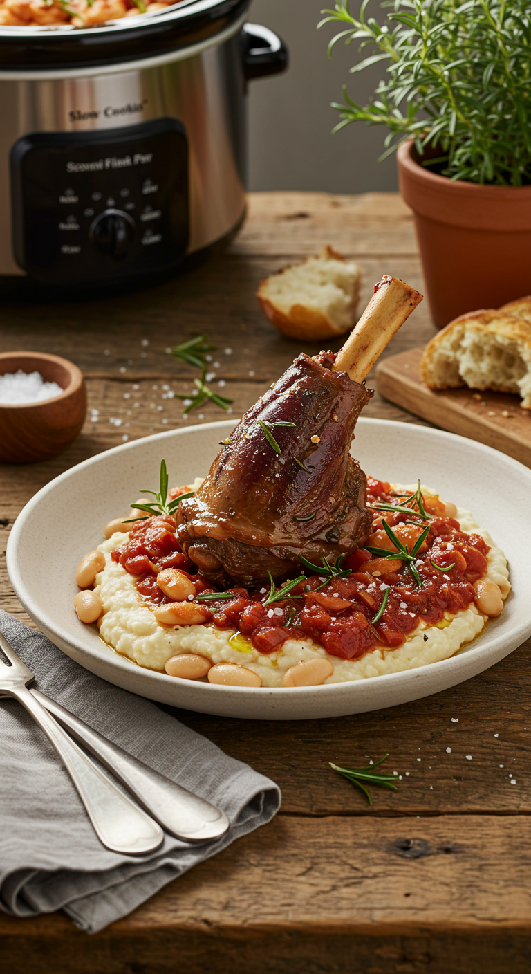 Slow-Cooked Lamb Shanks with Rosemary and Macadamia Nut Mash