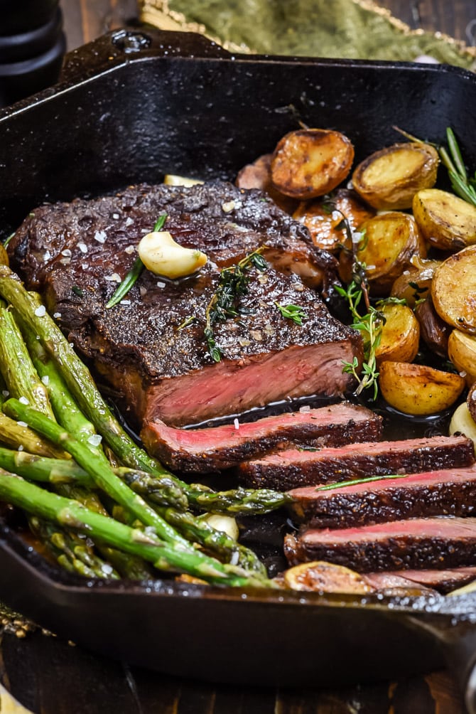 Pan-Seared Ribeye Steak with Garlic Butter and Crispy Smashed Potatoes