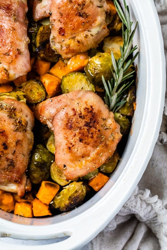Garlic-Roasted Chicken Thighs with Sweet Potato and Brussels Sprouts