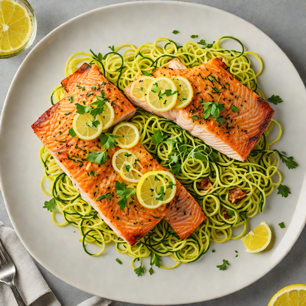 Herb-Roasted Salmon with Zucchini Noodles and Lemon Garlic Sauce