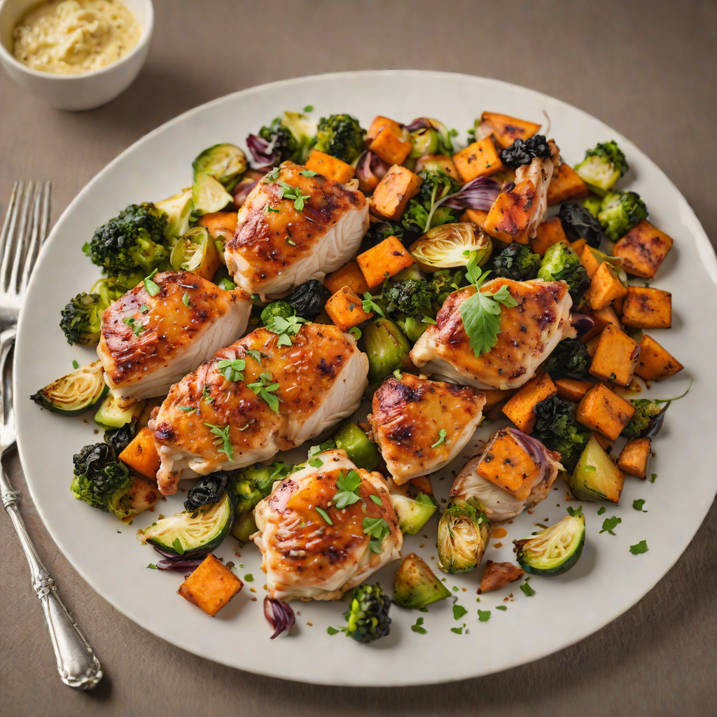 Garlic-Roasted Chicken Thighs with Roasted Sweet Potatoes and Brussels Sprouts