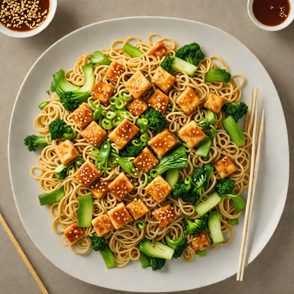 Stir-Fried Udon Noodles with Ginger-Garlic Tofu and Baby Bok Choy