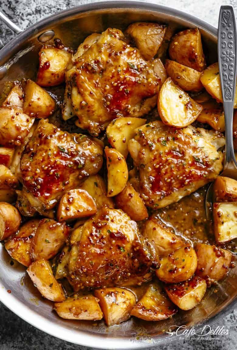 Pan-Seared Chicken with Honey Mustard Glaze and Roasted Garlic Potatoes