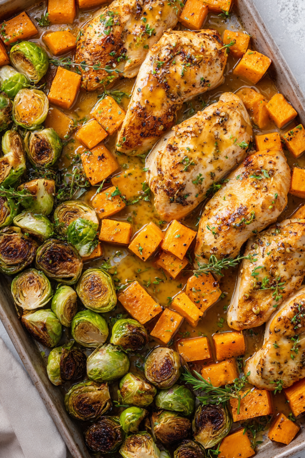 Sheet Pan Maple-Glazed Chicken with Roasted Sweet Potatoes and Brussels Sprouts