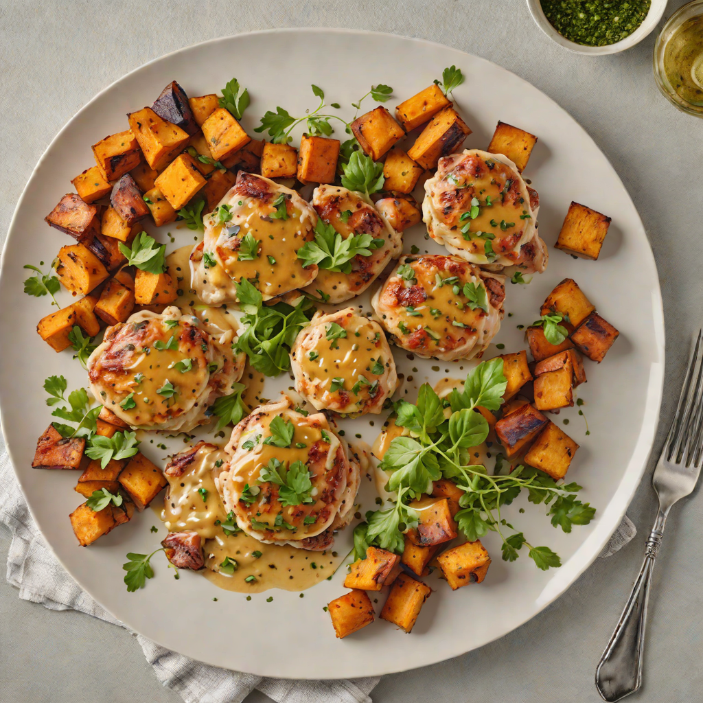 Sautéed Chicken Thighs with Roasted Sweet Potatoes and Garlic Herb Sauce