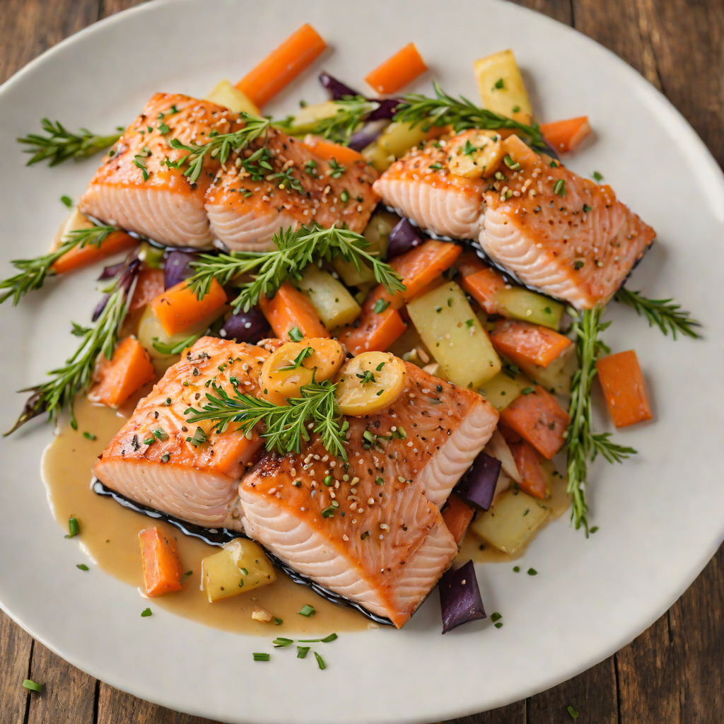 Pan-Seared Salmon with Roasted Garlic and Rainbow Carrots