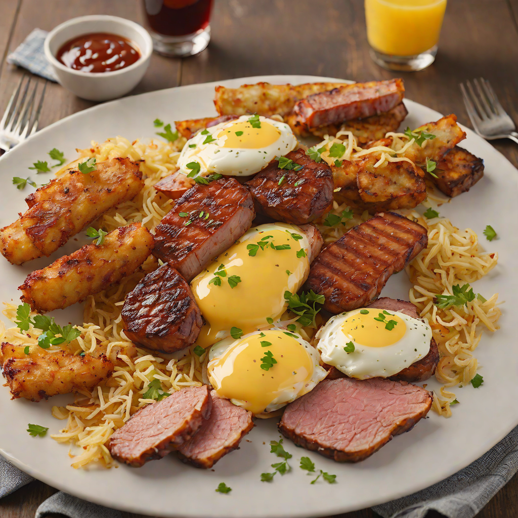 Riverside Breakfast BBQ Plate with Smoked Sausage and Hash Browns