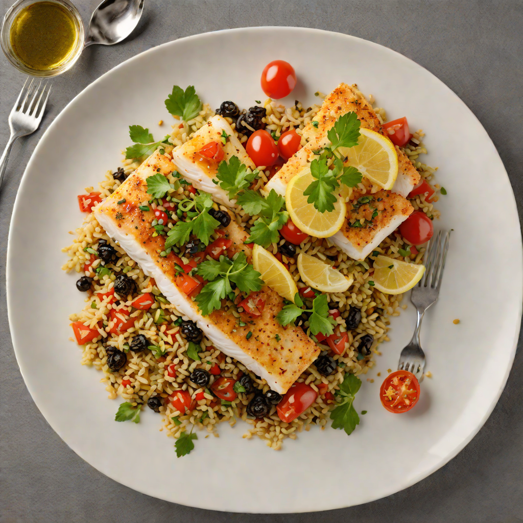 Baked Cod with Tomato-Olive Tapenade and Lemon Herb Quinoa