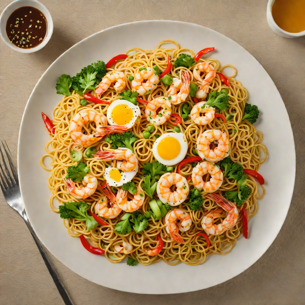 Cantonese Style Stir-Fried Egg Noodles with Shrimp and Vegetables