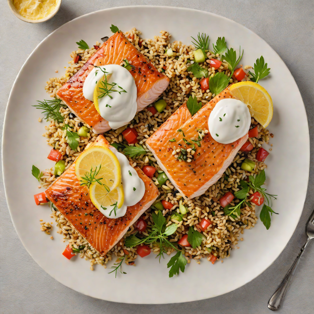 Pan-Roasted Salmon with Lemon Dill Yogurt Sauce and Quinoa Salad