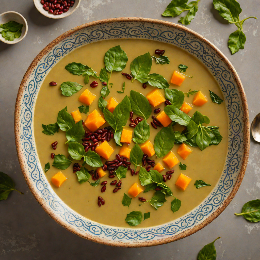 Sweet Potato and Warrigal Greens Soup with Native Pepperberry