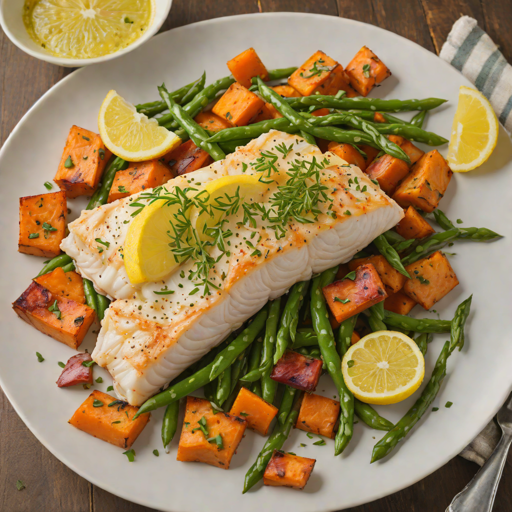 Baked Cod with Lemon-Garlic Green Beans and Roasted Sweet Potatoes