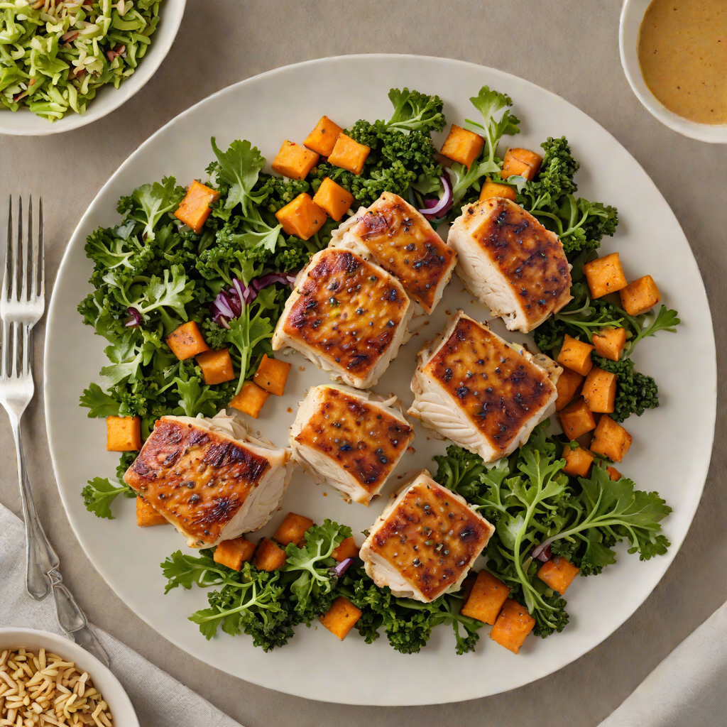 Pan-Seared Chicken Thighs with Roasted Sweet Potato and Kale Salad