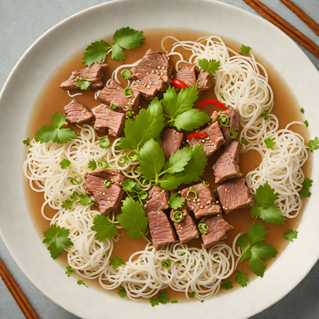 Pho-Inspired Beef Broth with Rice Noodles and Herb Garnish
