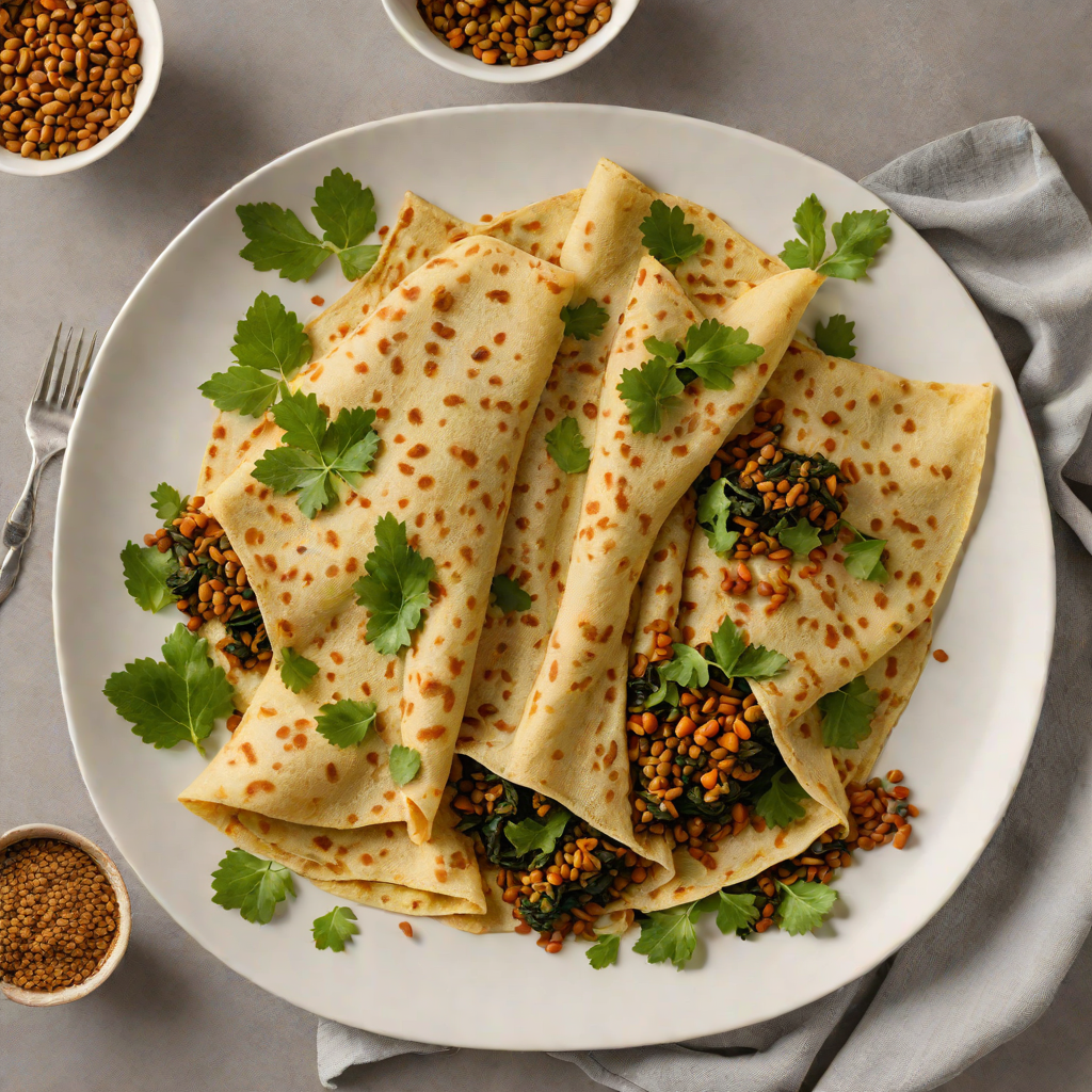 Injera Crêpe with Spiced Lentil and Collard Green Filling