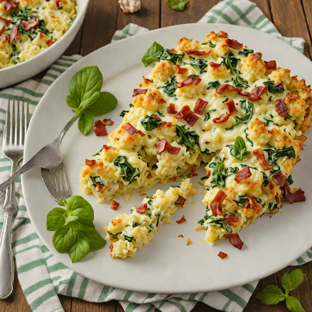 Cheesy Cauliflower Breakfast Casserole with Bacon and Spinach
