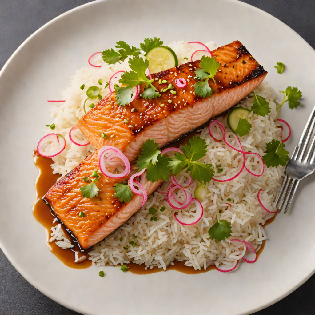 Ginger-Soy Glazed Salmon with Steamed Rice and Pickled Radish