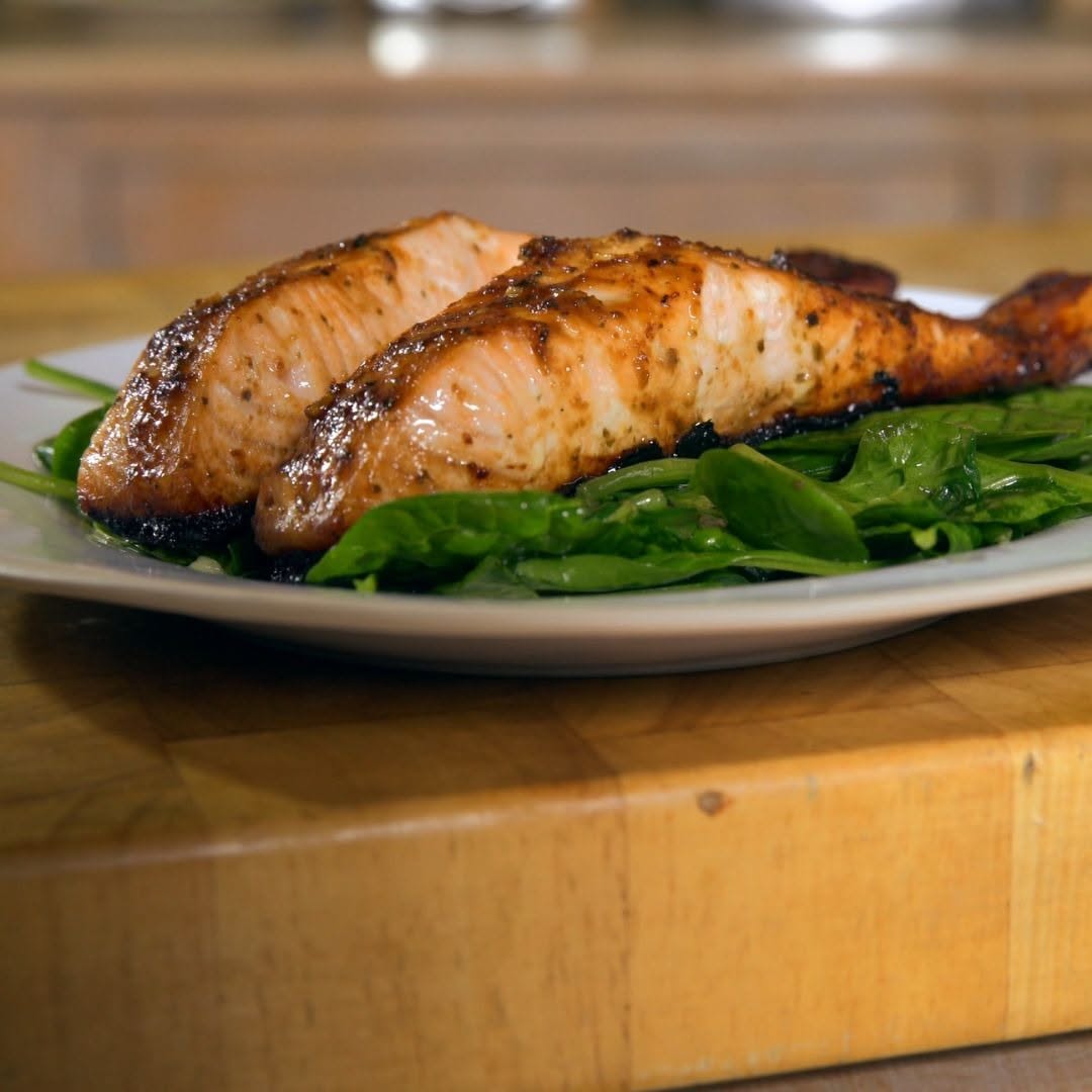 Pan-Seared Salmon with Miso Ginger Glaze and Wilted Spinach