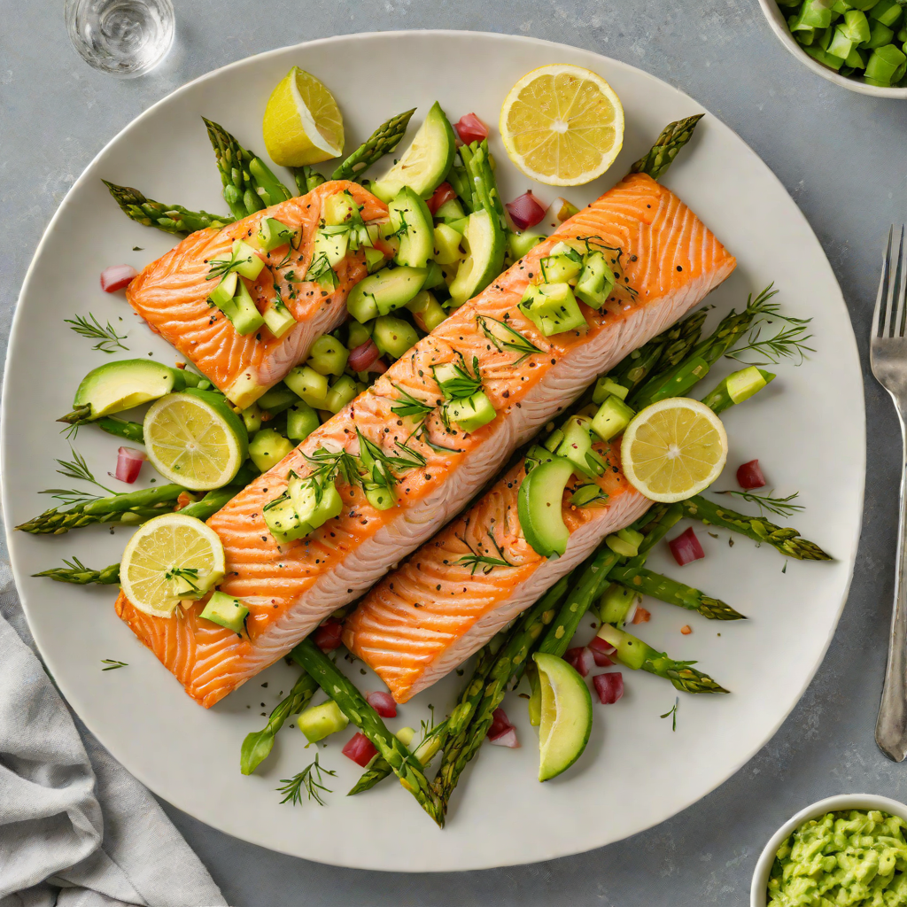 Oven-Roasted Salmon with Lemon-Dill Asparagus and Avocado Salsa