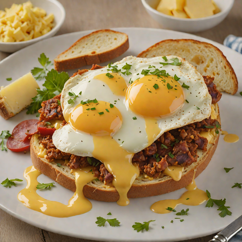 Open-Faced Chorizo and Cheddar Breakfast Sandwich with Sunny-Side Eggs