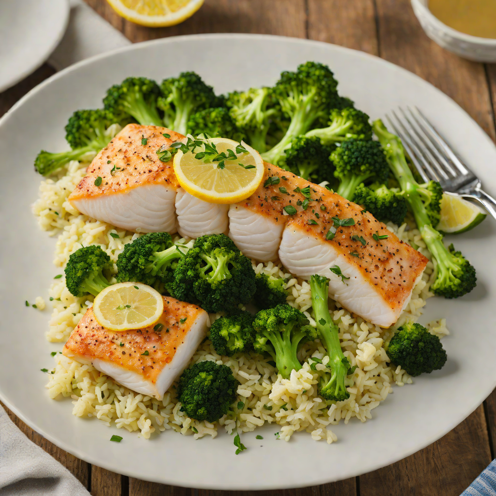 Baked Cod with Lemon-Herb Cauliflower Rice and Roasted Broccoli