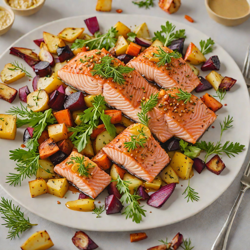 Sheet Pan Maple-Mustard Glazed Salmon with Roasted Root Vegetables
