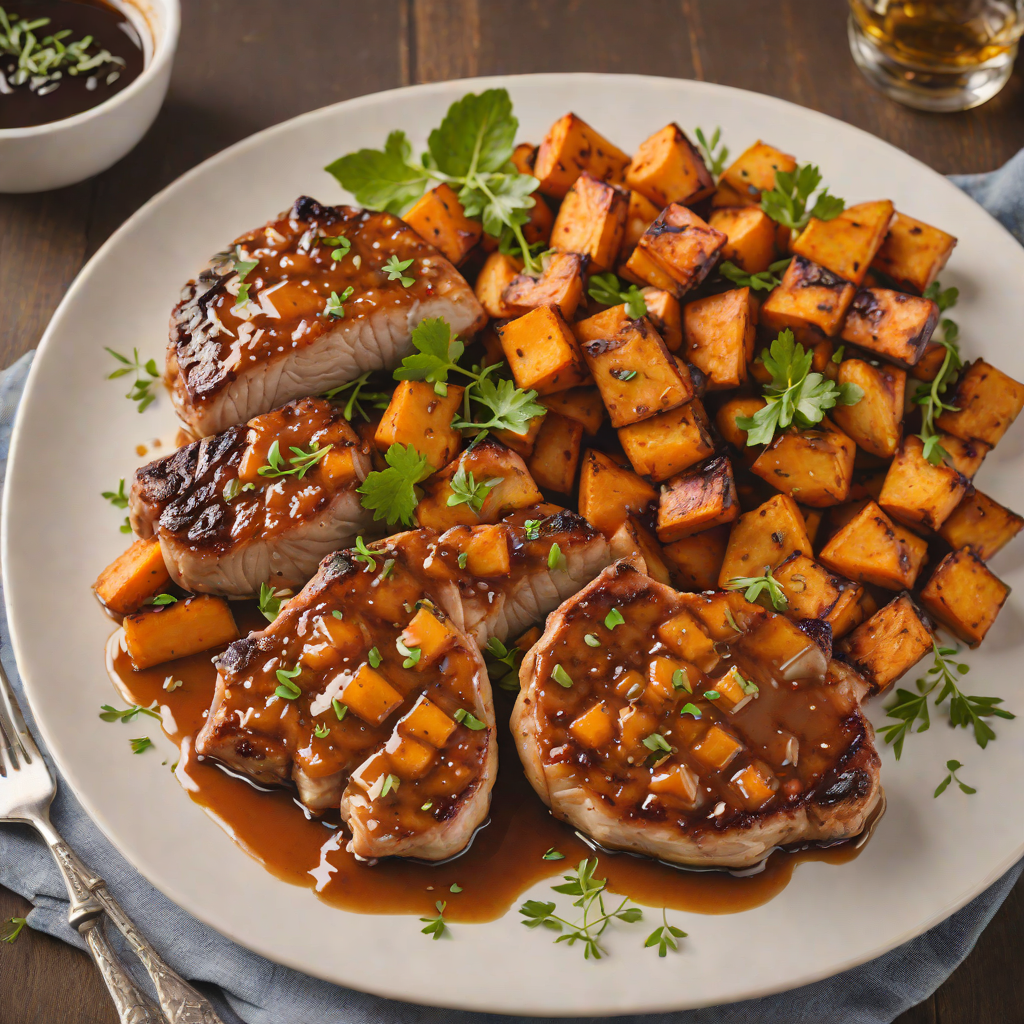 Whiskey-Maple Glazed Pork Chops with Roasted Sweet Potatoes