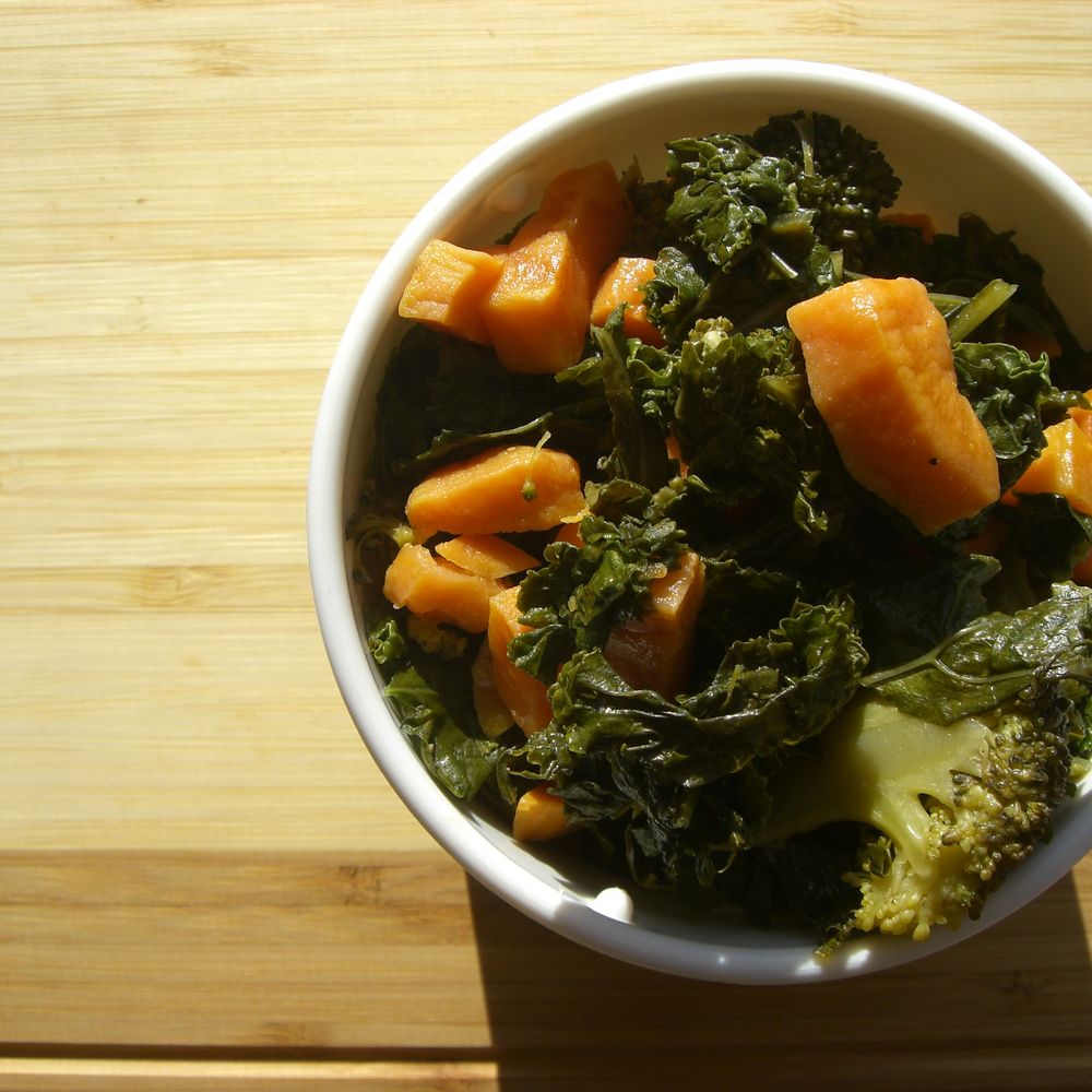 Turmeric-Ginger Roasted Sweet Potatoes with Kale