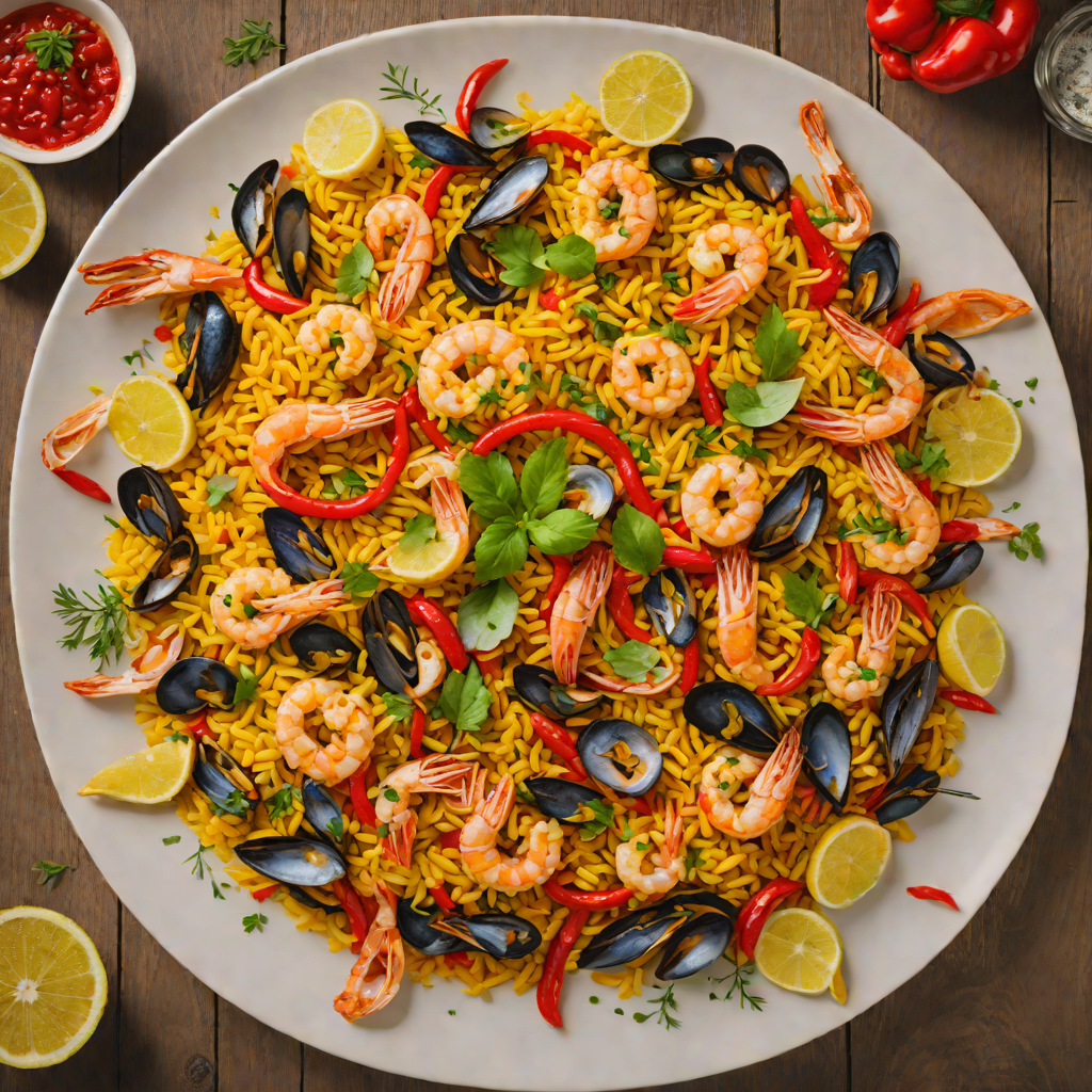Saffron-Infused Spanish Seafood Paella with Roasted Red Peppers