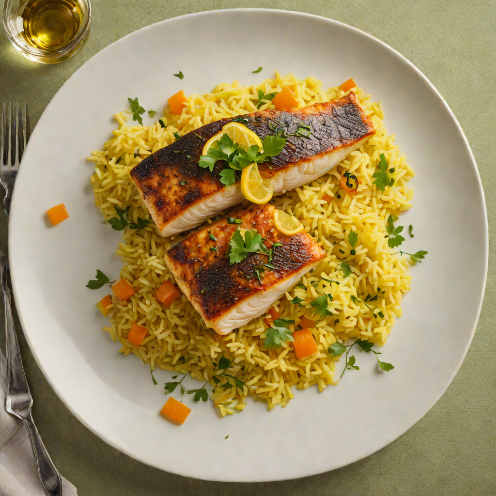 Pan-Seared Sea Bass with Saffron-Infused Rice and Lemon