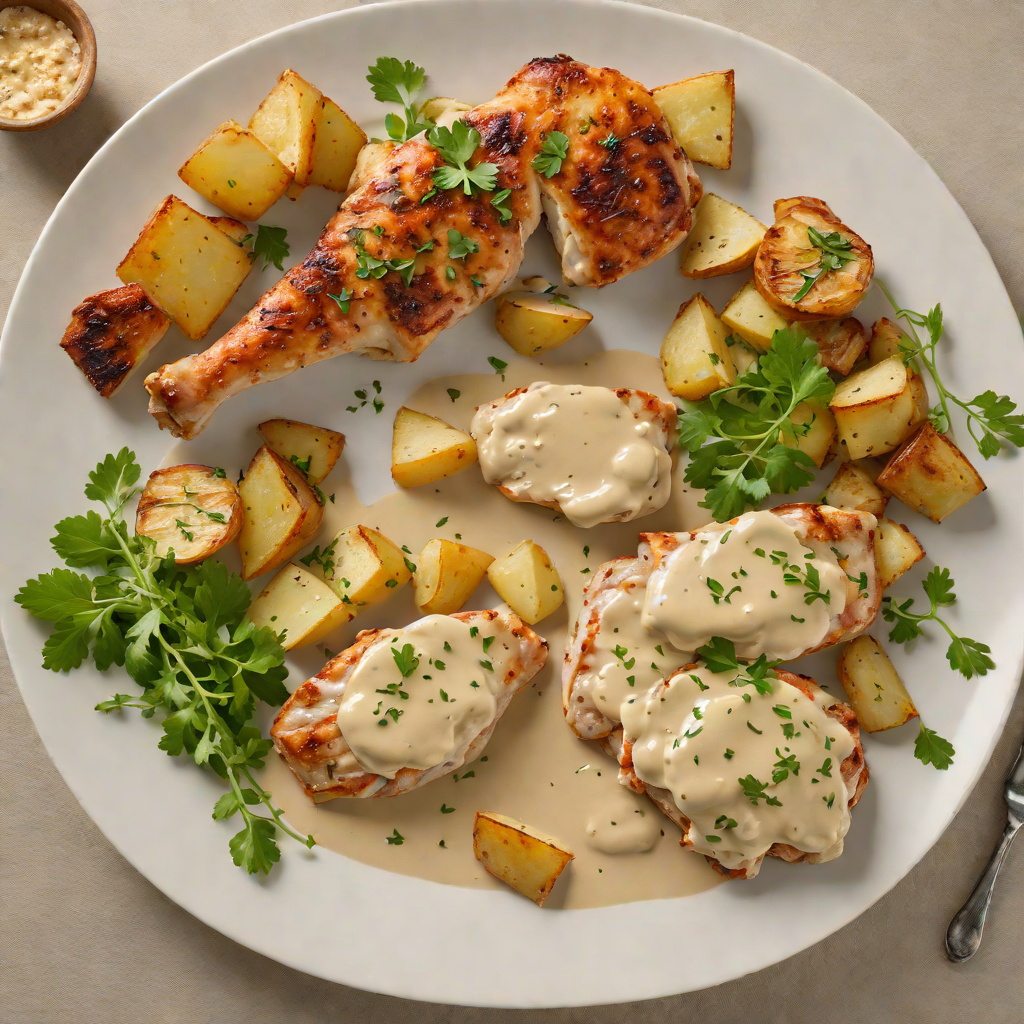 Pan-Seared Chicken with Mustard Cream Sauce and Roasted Garlic Potatoes