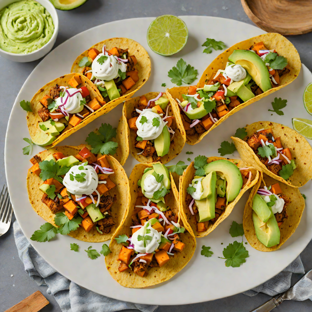 Baked Mexican-Style Sweet Potato Tacos with Avocado Crema