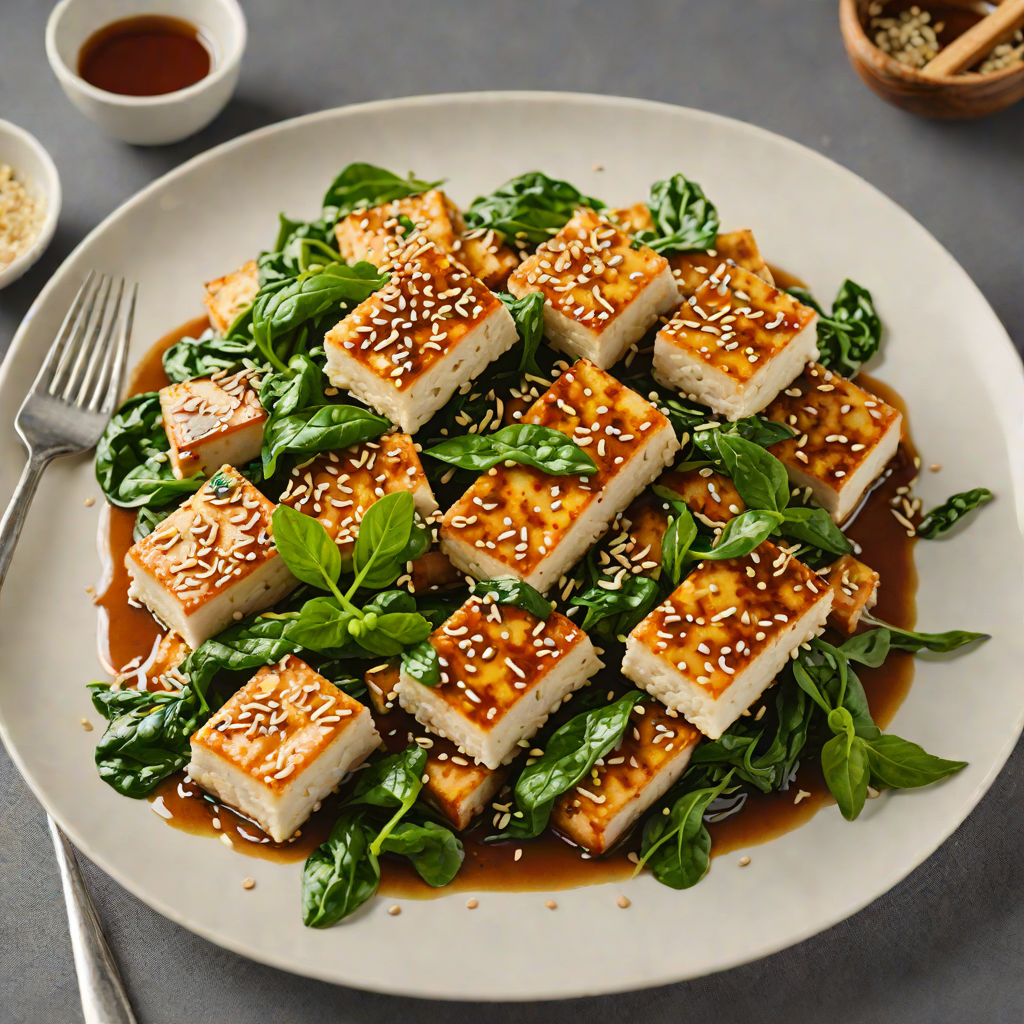 Pan-Fried Tofu with Garlic Soy Glaze and Sesame Spinach