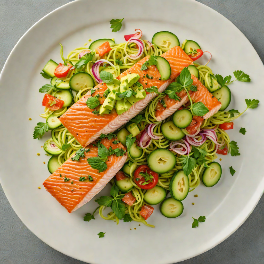 Pan-Seared Salmon with Avocado Pesto and Zucchini Ribbons
