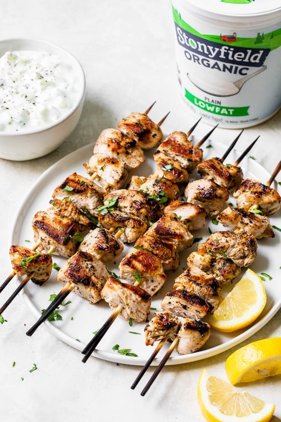 Grilled Lemon-Tahini Chicken Skewers with Cucumber Yogurt Sauce