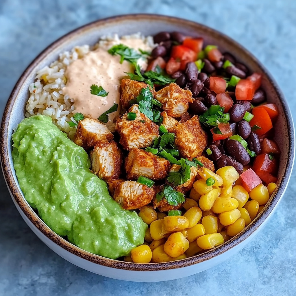 Tex-Mex Chicken Burrito Bowl with Avocado Crema