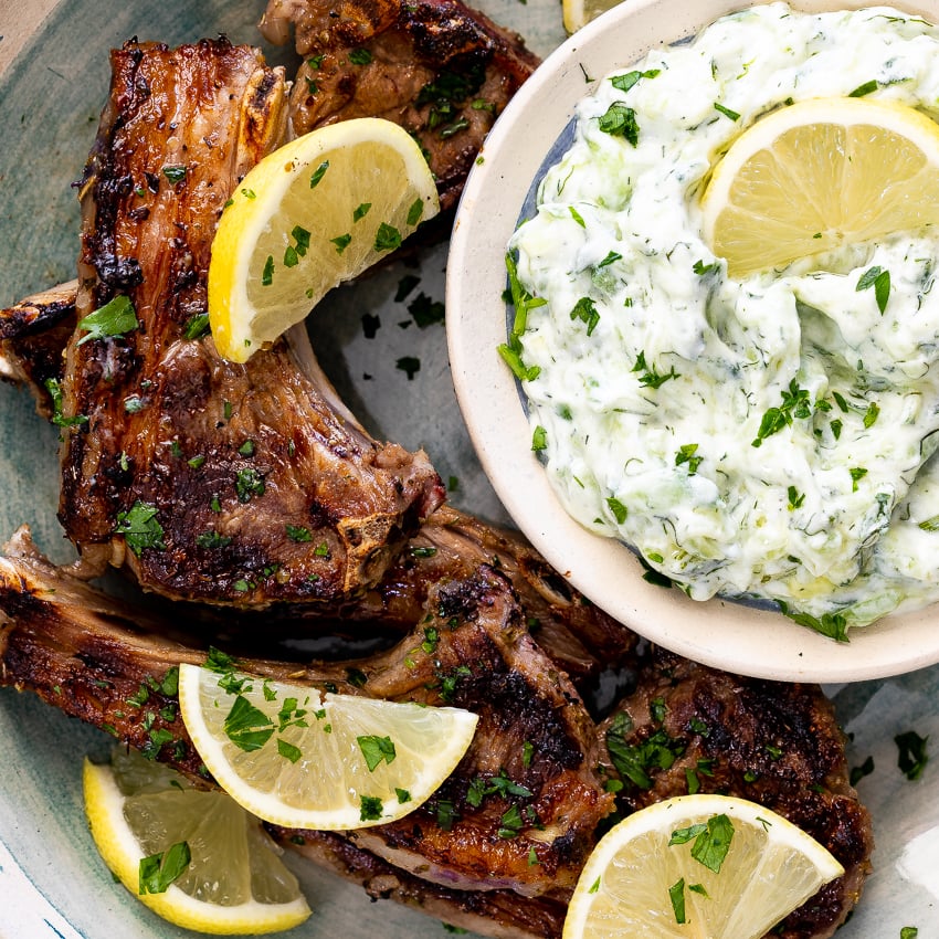 Grilled Citrus-Marinated Lamb Chops with Tzatziki and Herb Salad