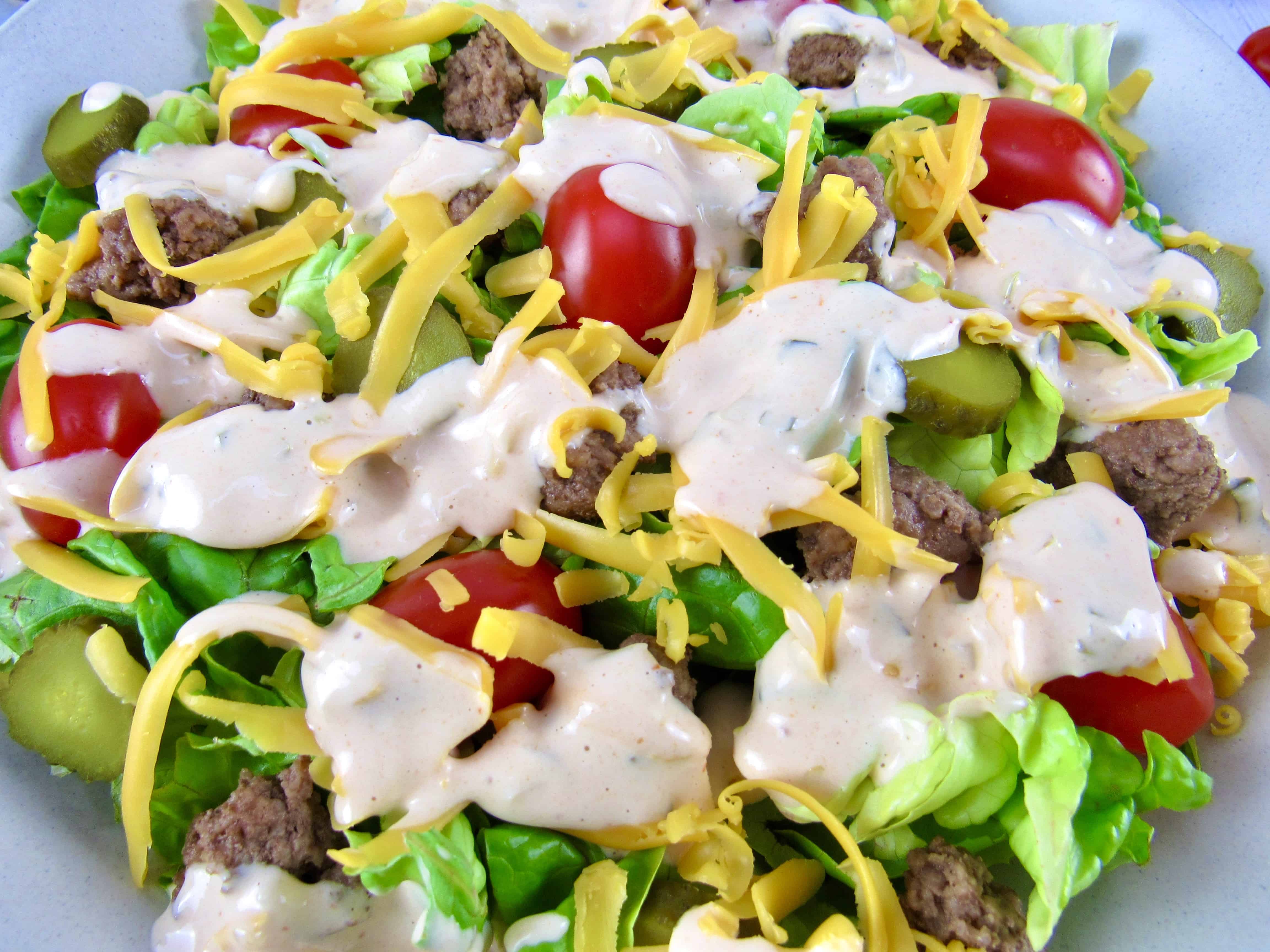 Cheeseburger Salad with Pickles and Mustard Dressing
