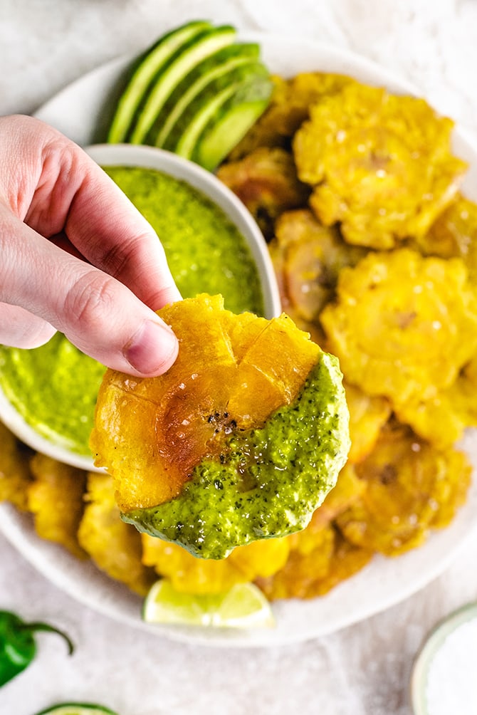 Pan-Fried Green Plantains with Garlic-Lime Sauce