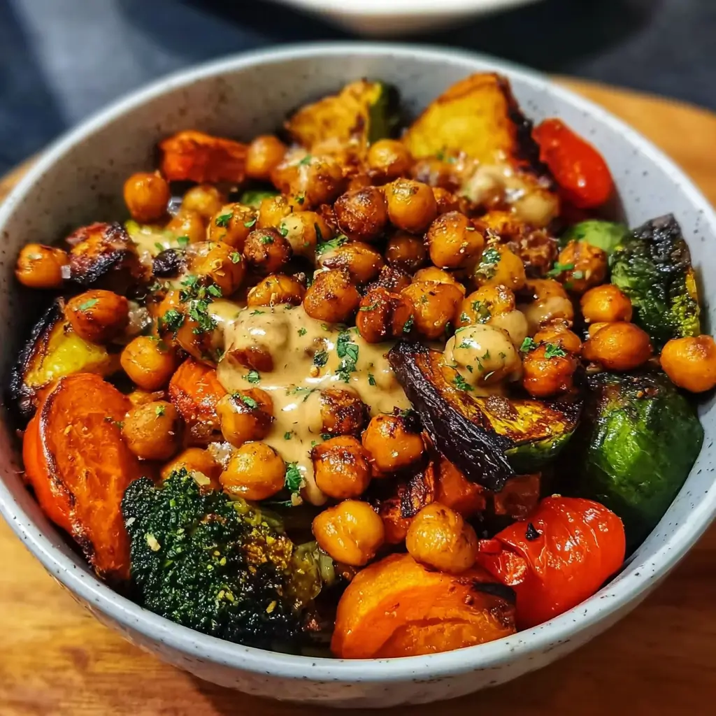 Oven-Roasted Mediterranean Chickpea and Vegetable Grain Bowl
