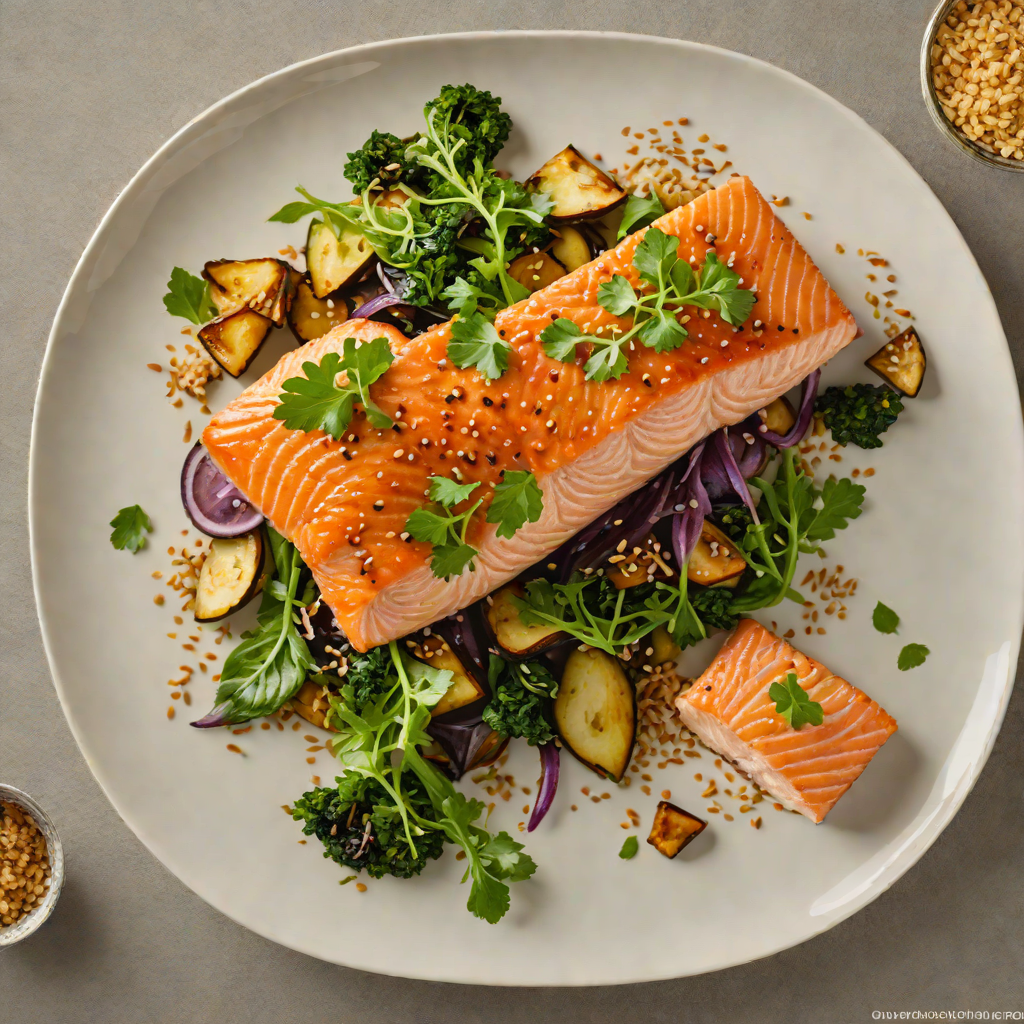 Pan-Seared Salmon with Miso-Glazed Eggplant and Sesame Greens