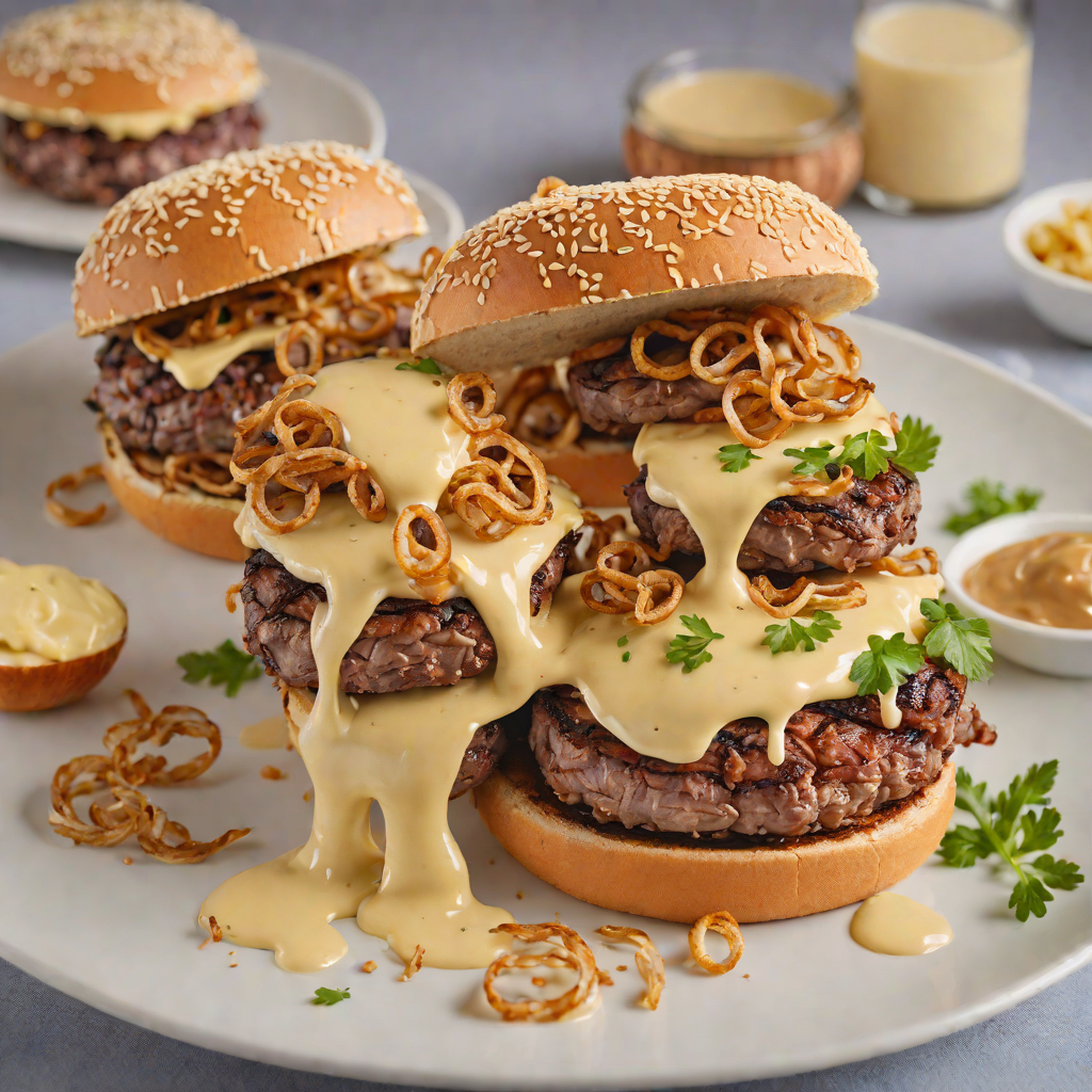 Grilled Steakburgers with Frozen Custard Aioli and Crispy Onions