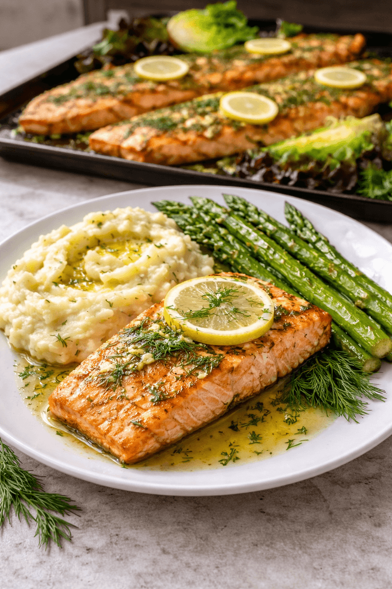 Pan-Roasted Salmon with Lemon Dill Sauce and Sautéed Spinach