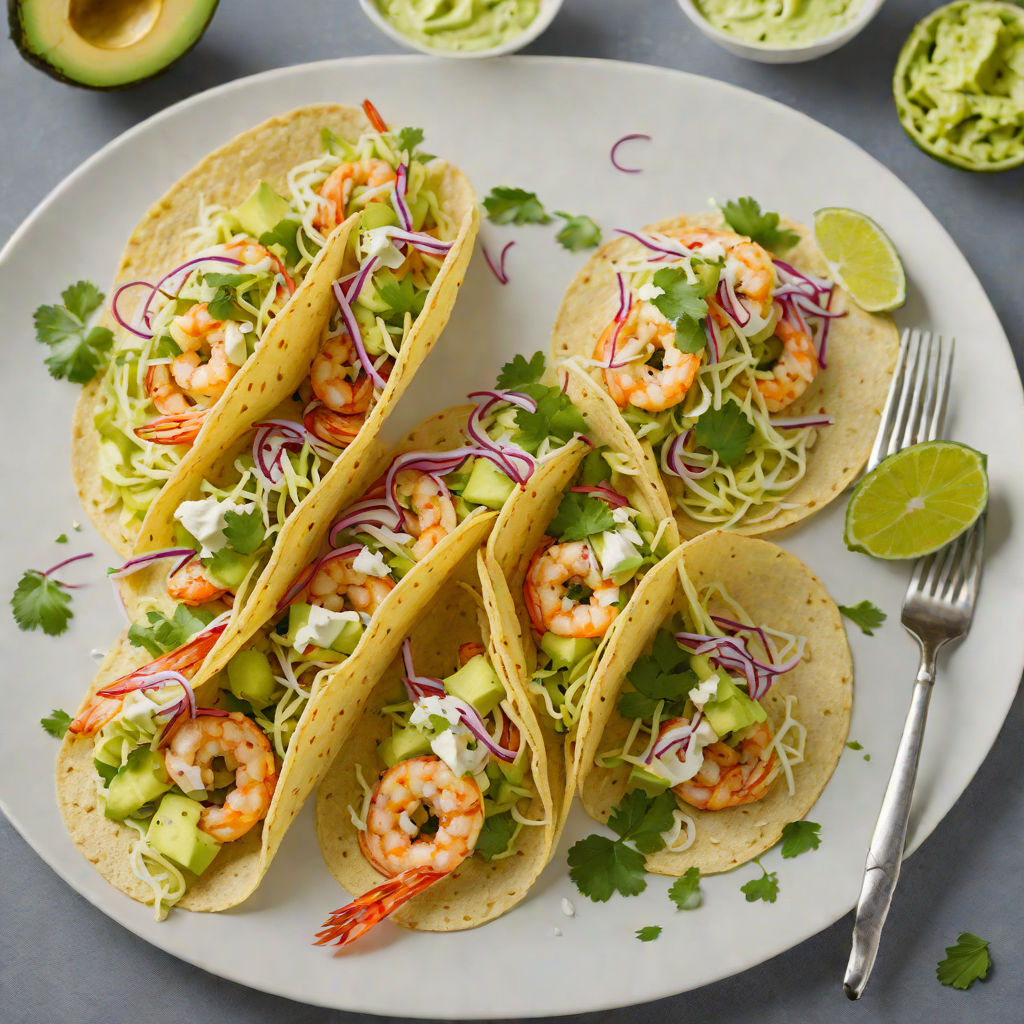 Sautéed Shrimp Tacos with Cabbage Slaw and Avocado Crema